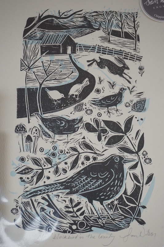 Three woodblock and woodcut prints, each unframed, comprising Sally Hands, ‘Swansea Valley’, Donald Myall, ‘Hedgehog’ and Sam Wilson, ‘Mr Blackbird in the country’, two limited edition, each signed in pencil, largest 38